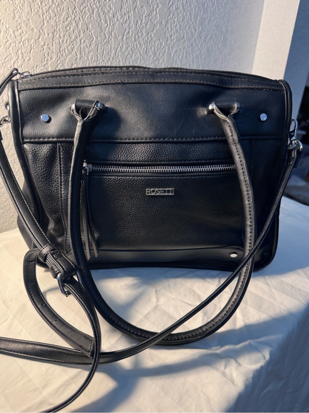 Rosetti Black Faux Leather Satchel with Front Zip Pocket